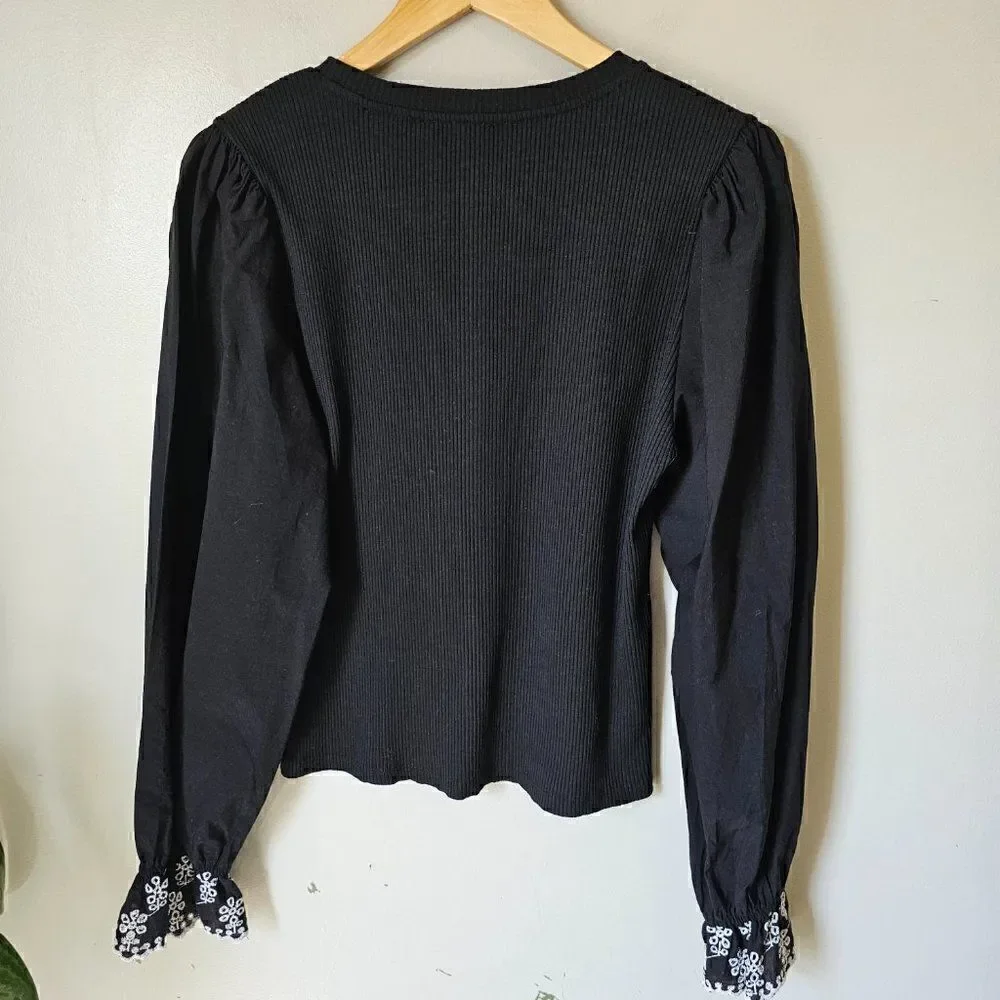EUC ZARA BLACK PUFFED SLEEVES EMBROIDERED CUFFS LONG SLEEVES TOP SIZE L